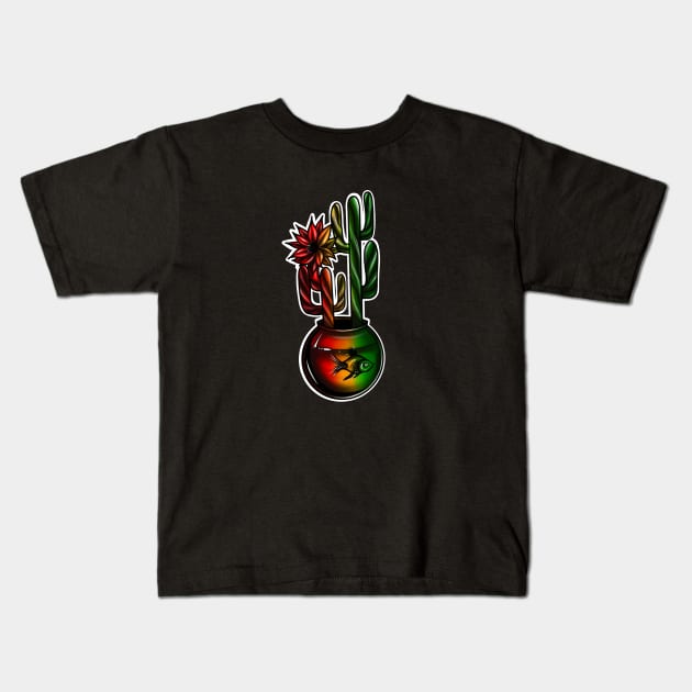 Reggae Cactus with aquarium and Fish Colored Art Kids T-Shirt by Print Art Station